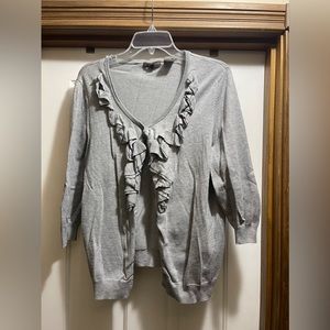 Linda Matthews Woman 1X gray 3/4 sleeve cardigan with ruffle detail